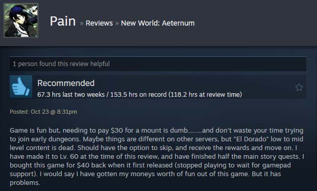 Image of the article titled New World: Eternal, as described in a Steam review